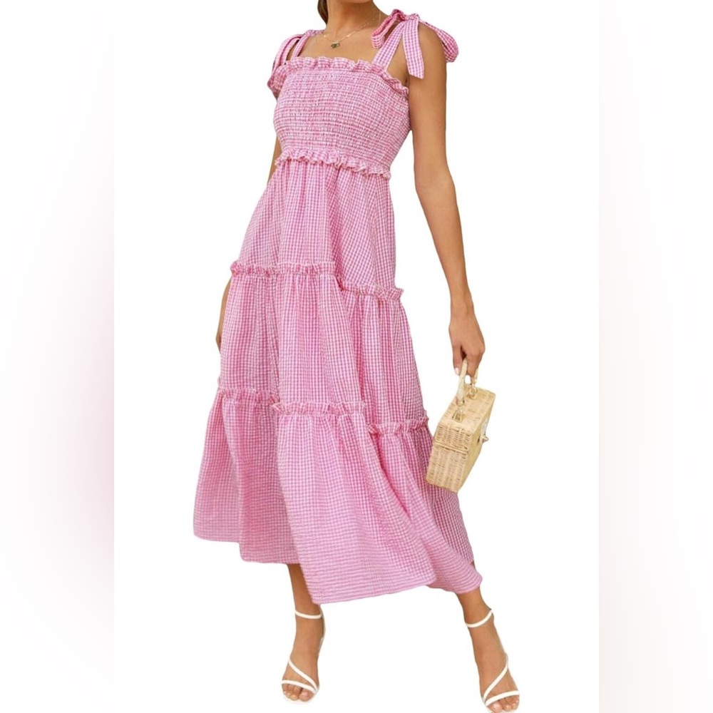 Pink & White Preppy Seersucker Gingham Tie Shoulder Sundress